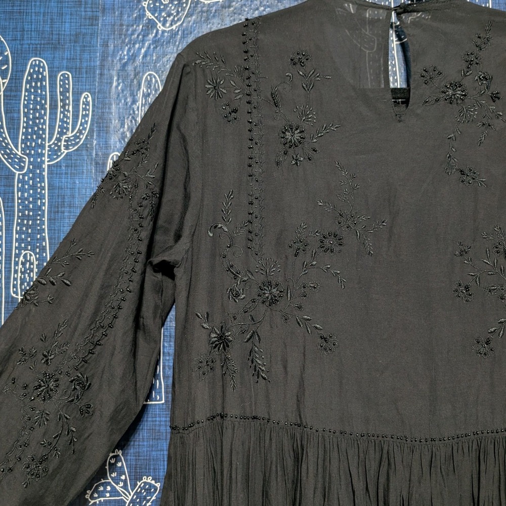 Zara Cotton Blend Embroidered Beaded Long Sleeve Maxi Dress Black Medium - Picture 8 of 12